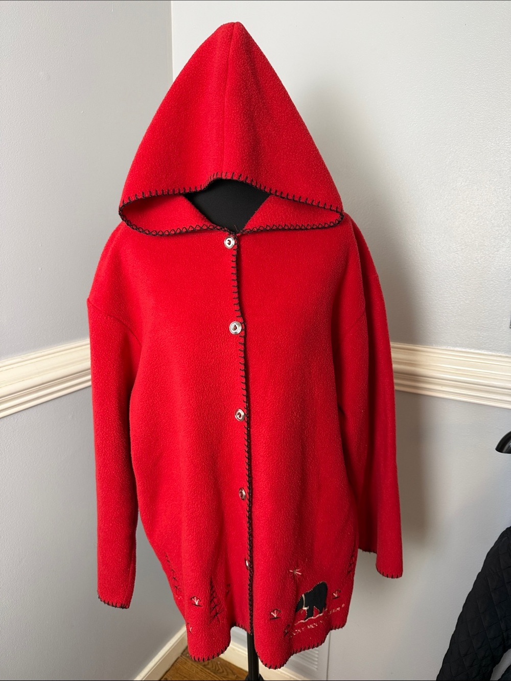 Vintage Fleece Red Hooded Cardigan with Black Trim